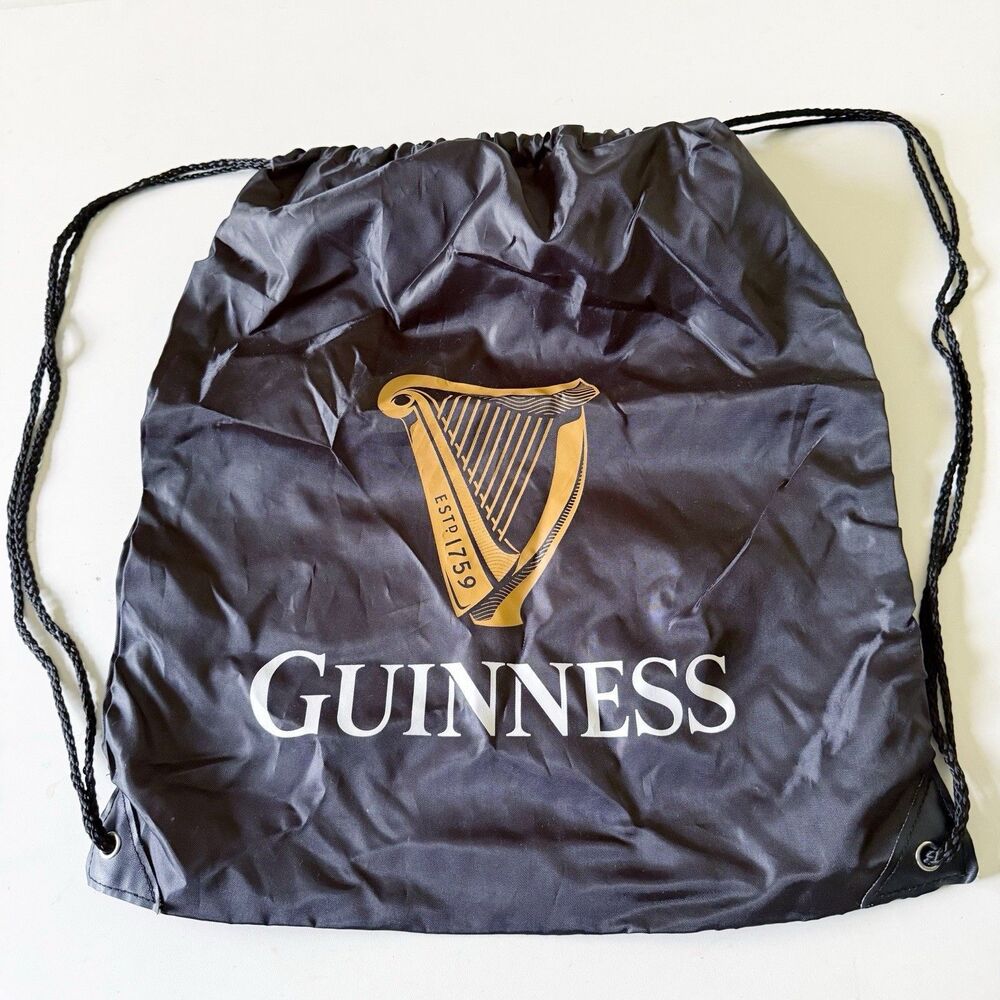 Guinness Beer Black Nylon Drawstring Cinch Sack Backpack Gym Bag Lightweight